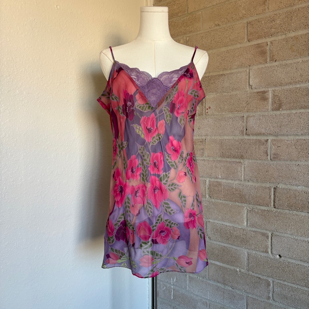 Victoria Secrets y2k floral silk lace chiffon slip on dress - Picture 2 of 6